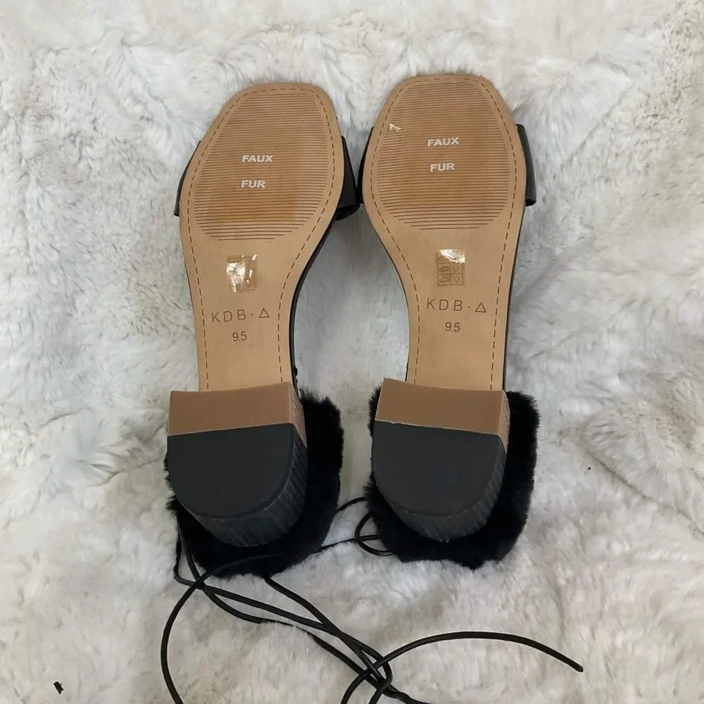 NEW Kelsi Dagger Brooklyn Black Sam Genuine Leather Faux Fur Heel Sandals 9.5